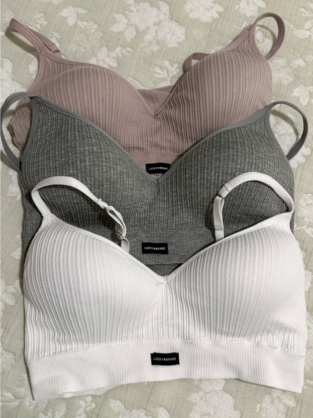 Lucky Brand Ribbed Bra Trio — White, Gray, Mauve